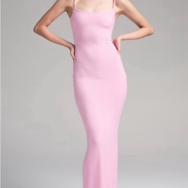 Skims Nwt Bubblegum Pink Spaghetti Strap Bodycon Maxi Dress